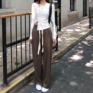 Asymmetrical Long-sleeve Drawstring T-shirt / Wide Leg Pants