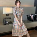 Plaid Double-breasted Shirt / Midi A-line Skirt