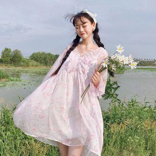 Set: Floral Ruffled Long-sleeve Dress + Slipdress As Shown In Figure - One Size