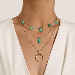 Layered Floral Charm & Moon Pendant Necklace