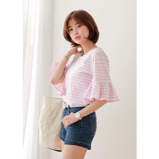 Frill-cuff Striped T-shirt