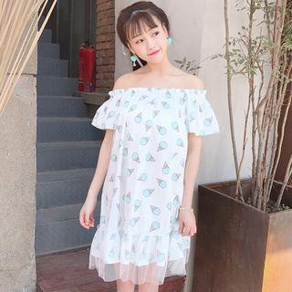 Mesh Panel Off-shoulder Short-sleeve Dress