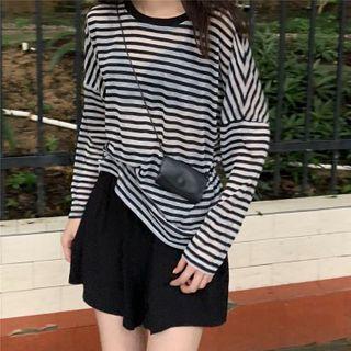 Striped Long-sleeve T-shirt / High-waist Wide-leg Shorts