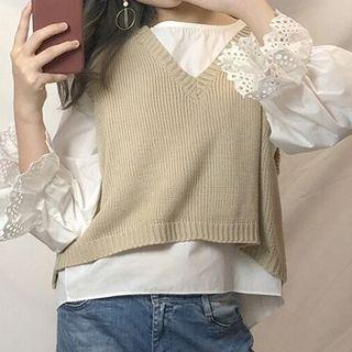 V-neck Knit Vest / Long-sleeve Eyelet-detail T-shirt