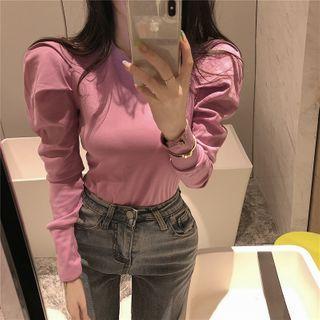 Round-neck Plain Puff-sleeve Blouse