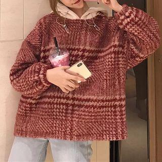 Houndstooth Panel Hoodie Red - One Size