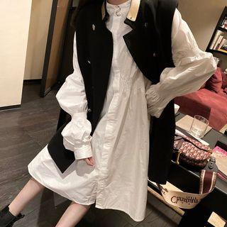 Plain Vest / Puff-sleeve Ruffled Shirt Dress