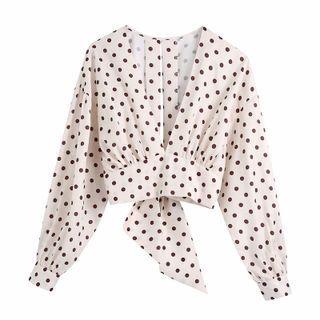 Polka Dot Deep V-neck Cropped Blouse