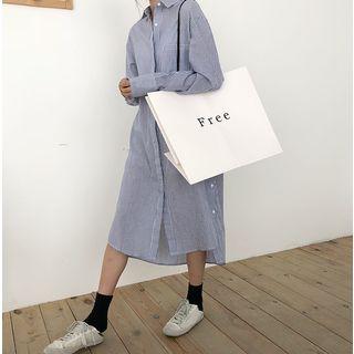 Pinstriped Long-sleeve Midi Shirt Dress Blue - One Size