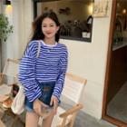 Long-sleeve Round-neck Striped T-shirt Stripes - Blue & White - One Size