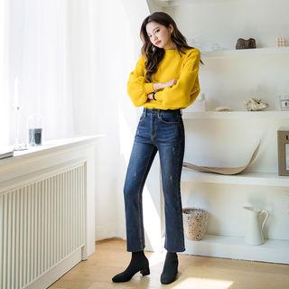 Fray-hem Brushed Fleece Lined Boot-cut Jeans