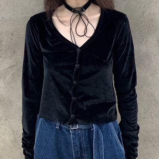 V-neck Velvet Long-sleeve T-shirt Black - One Size