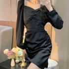 Long-sleeve Ruched Mini Sheath Dress Black - One Size