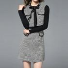 Bow Accent Tweed Panel Long Sleeve Dress