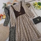 Set: Long-sleeve Flower Print Midi A-line Dress + Knit Camisole Top