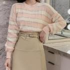 Striped Sweater / Faux Leather Mini A-line Skirt / Set