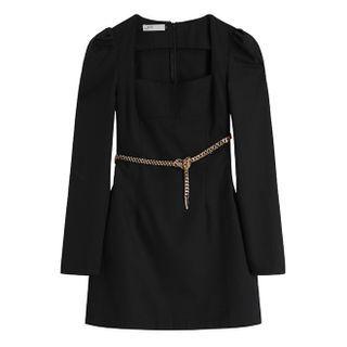 Long-sleeve Chain Belt Mini A-line Dress