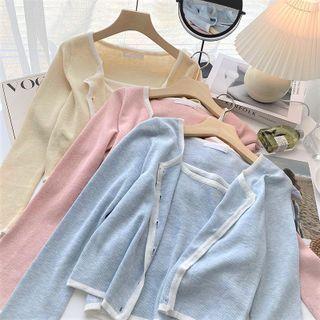 Set - Two-tone Camisole Top + Long-sleeve Cardigan