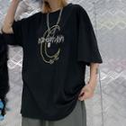 Elbow-sleeve Moon Embroidered T-shirt