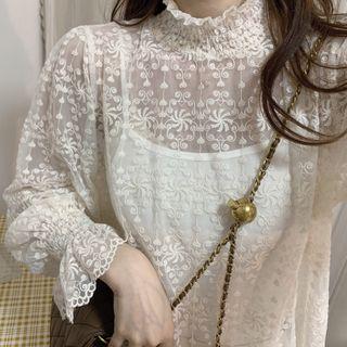 Long-sleeve Sheer Lace Mock-neck Top Off-white - One Size