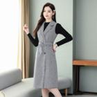 Set: Long-sleeve Knit Top + Houndstooth Double-breasted Midi Jumper Skirt
