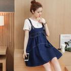 Set : Spaghetti Strap Denim Dress + Short-sleeve T-shirt