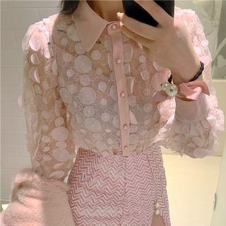 Long-sleeve Bow Mesh Blouse