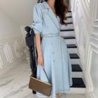 Elbow-sleeve Notch Lapel Midi A-line Dress Light Blue - One Size