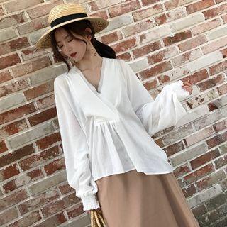 V-neck Loose-fit Long Lantern-sleeve Chiffon Blouse White - One Size
