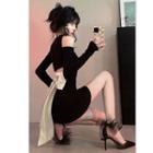 Long-sleeve Cold Shoulder Bow-back Mini Bodycon Dress