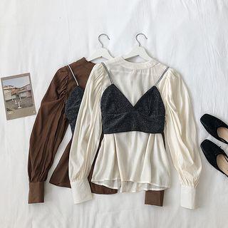 Set Of 2: Long-sleeve Chiffon Blouse + Glitter Camisole Top