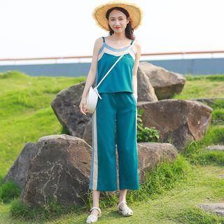 Set: Sleeveless Contrast-trim Top + Pants