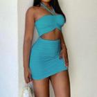 Set: Halter-neck Cropped Camisole Top + Shirred Mini Pencil Skirt