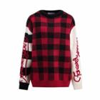 Plaid Panel Sweater Wine Red - One Size