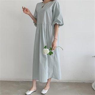 Open-placket Puff-sleeve Long Dress