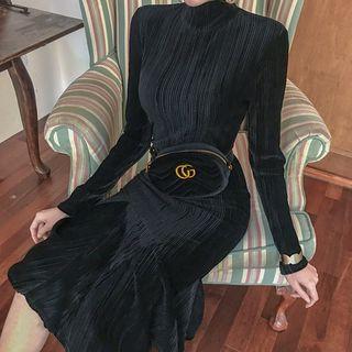 Mock-neck Pleated Velvet Long Mermaid Dress