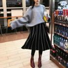 Long-sleeve Knit Sweater / Pinstripe Midi Skirt