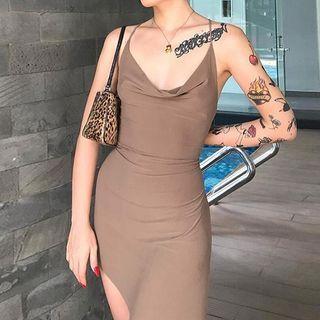 Asymmetrical Cowl-neck Strappy Mini Bodycon Dress