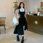 Puff-sleeve Collar Mock Two-piece Midi A-line Dress