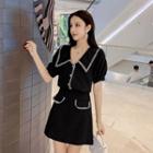 Set: Elbow-sleeve Contrast Trim Buttoned Top + A-line Mini Skirt