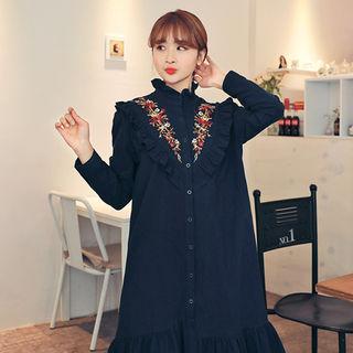 Frilled-trim Embroidered-detail Shirtdress