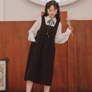 Set: Ribbon Accent Shirt + Midi Overall Dress