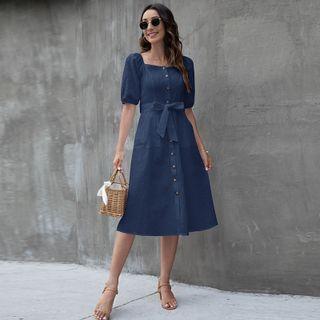Short-sleeve Butto-up Midi A-line Dress