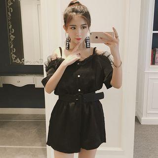Flounced Off-shoulder Elbow-sleeve Playsuit