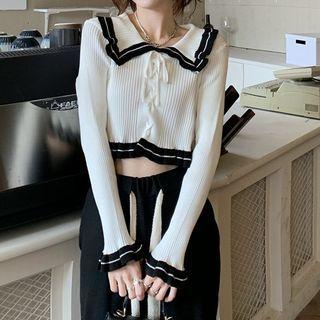 Flared-cuff Ribbed Polo Knit Top