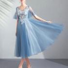 Short-sleeve V-neck Midi Prom Dress