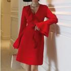 Bell-sleeve Tie-waist Ruffle A-line Dress
