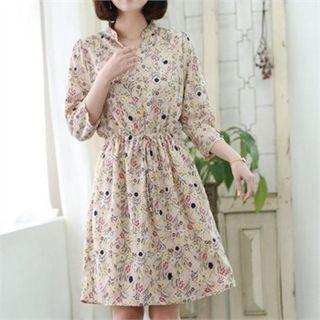 3/4-sleeve Open-placket Floral Shirtdress