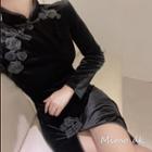 Long-sleeve Mandarin Collar Midi Sheath Velvet Dress