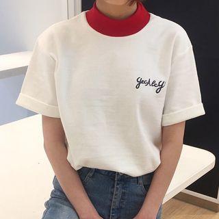 Embroidered Letter Colour Block Short-sleeve T-shirt